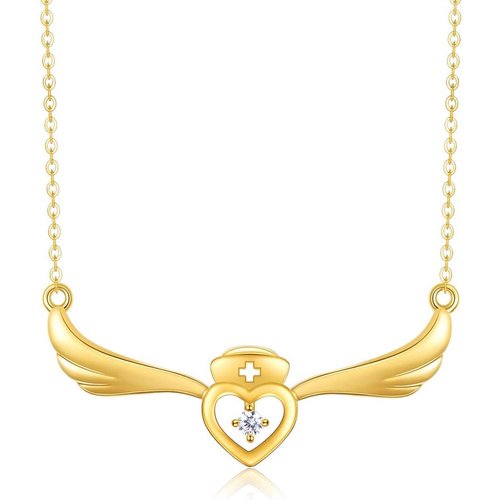 14K Gold Cubic Zirconia Angel Wing & Heart Necklace for Women