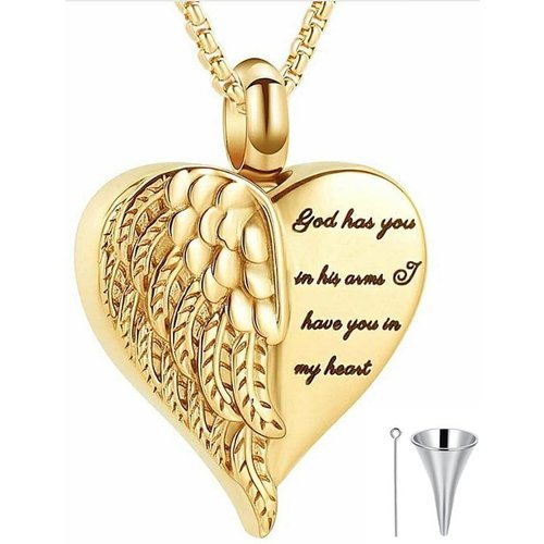 14K Gold Personalized Engraving & Angel Wing & Heart Urn Necklace for Ashes