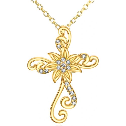 14K Gold Cubic Zirconia Sunflower & Cross Necklace for Women