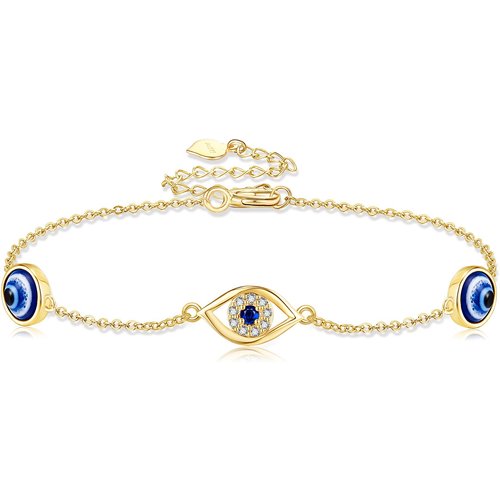 14K Gold Aquamarine & Moissanite Evil Eye Bracelet for Women