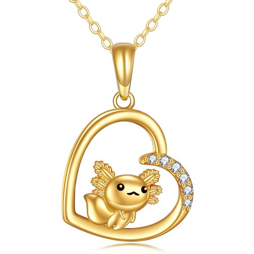 14K Gold Cubic Zirconia Axolotl & Heart Pendant Necklace