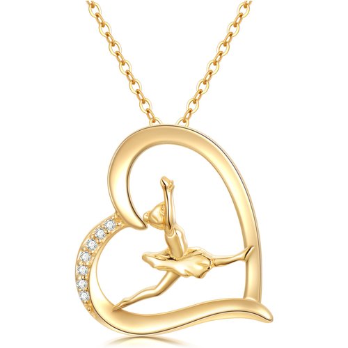 14K Gold Cubic Zirconia Ballet Dancer & Heart Pendant Necklace