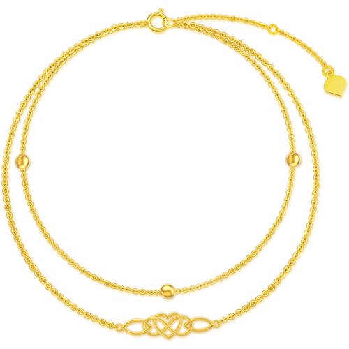 18K Gold Bead Celtic Knot Heart Multi-layered Charm Anklet