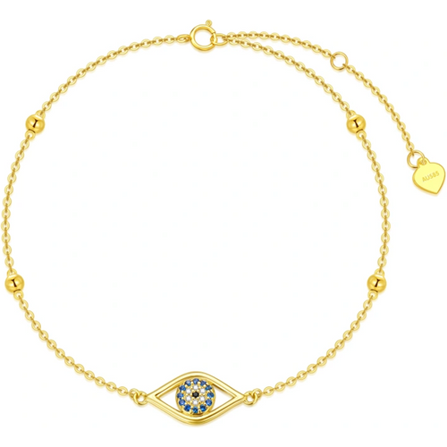 14K Gold Cubic Zirconia Bead & Evil Eye Charm Bracelet