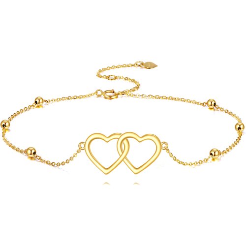14K Gold Bead & Heart With Heart Charm Bracelet