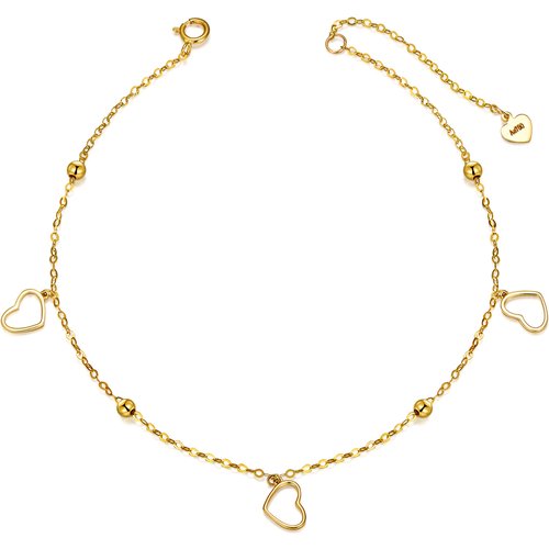 14K Gold Bead & Heart Single Layer Charm Anklet