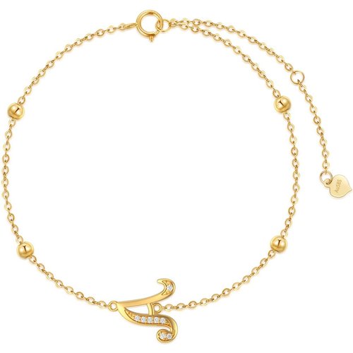 14K Gold Cubic Zirconia Bead Charm Bracelet with Initial Letter A