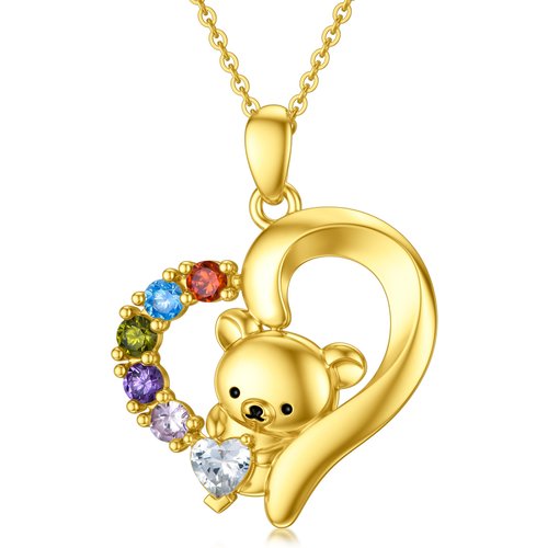 14K Gold Cubic Zirconia Bear & Heart Pendant Necklace