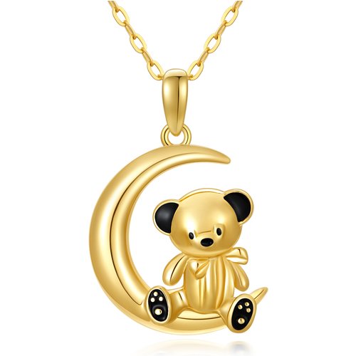 14K Gold Bear & Moon Pendant Necklace