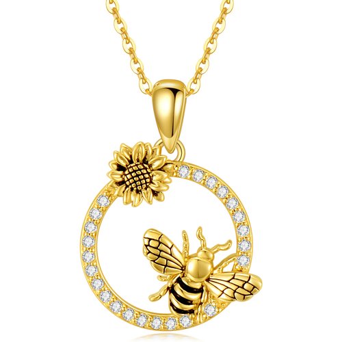 14K Gold Cubic Zirconia Bee & Daisy Pendant Necklace