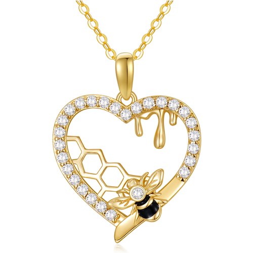 14K Gold Cubic Zirconia Bee Heart Honeycomb Pendant Necklace For Womne