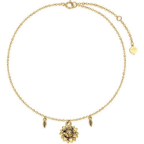 14K Yellow Gold Bee With Leaves Sunflower Single Layer Anklet For Women