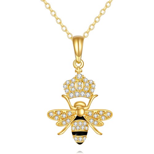 14K Gold Cubic Zirconia Bee Queen & Crown Pendant Necklace