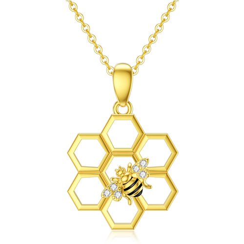 14K Gold Cubic Zirconia Bees & Hive Pendant Necklace