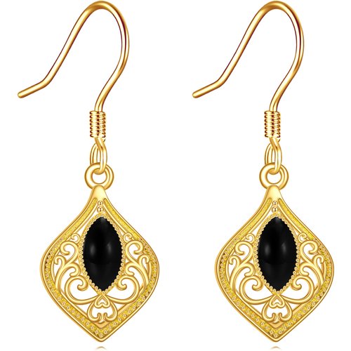 14K Gold Black Agate Drop Earrings