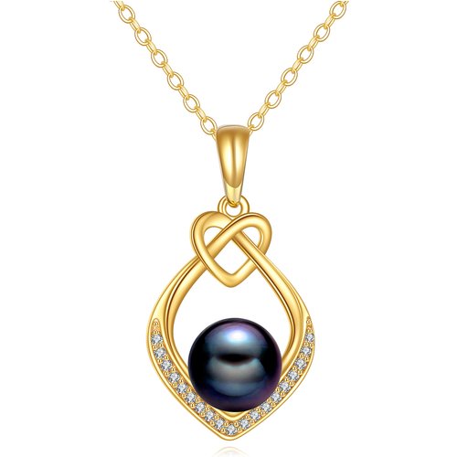 14K Gold Cubic Zirconia &Black Freshwater Pearls Heart Pendant Necklace