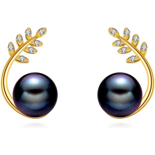 14K Gold Black Pearl Leaves Stud Earrings