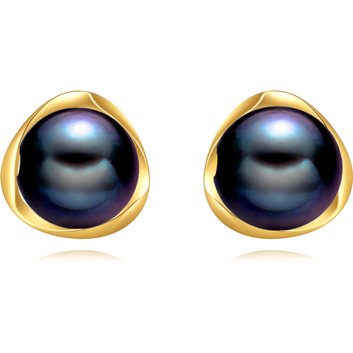 14K Gold Black Round Pearl Stud Earrings