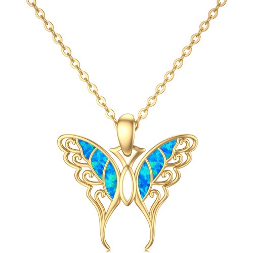 14K Gold Blue Opal Butterfly Pendant Necklace Gift for Her