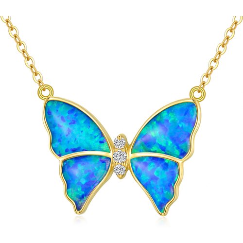 14K Gold Blue Opal Butterfly Pendant Necklace