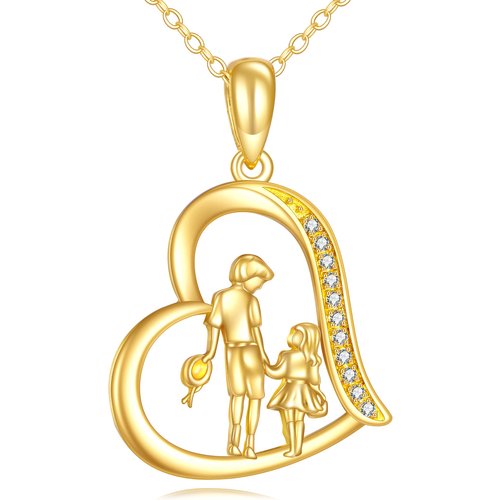 14K Gold Cubic Zirconia Brother And Sister & Heart Pendant Necklace