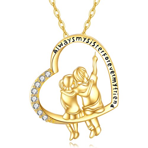 14K Gold Cubic Zirconia Brother And Sister & Heart Pendant Necklace with Engraved Word