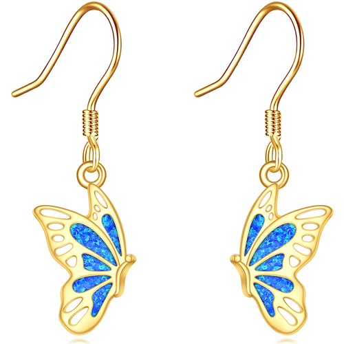 14K Gold Butterfly Earrings Opal Butterfly Dangle Earrings Solid Gold Leverback Earrings