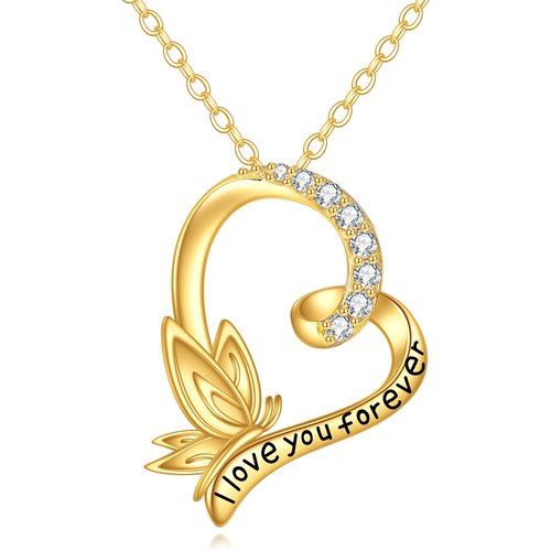 14K Gold Cubic Zirconia Butterfly & Heart Pendant Necklace with Engraved Word