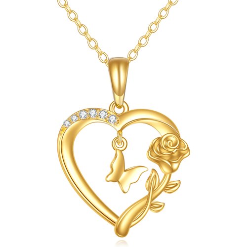 14K Gold Cubic Zirconia Butterfly & Rose & Heart Pendant Necklace