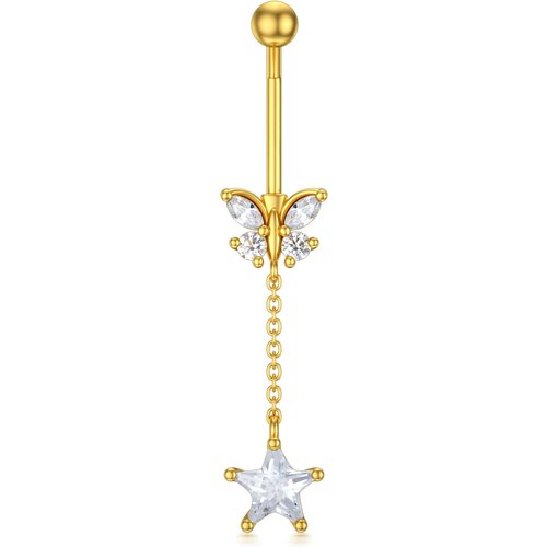 14K Gold Cubic Zirconia Butterfly & Star Belly Button Ring