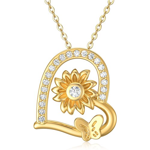 14K Gold Heart Butterfly & Sunflower Pendant Necklace With 5A Austrian Crystal
