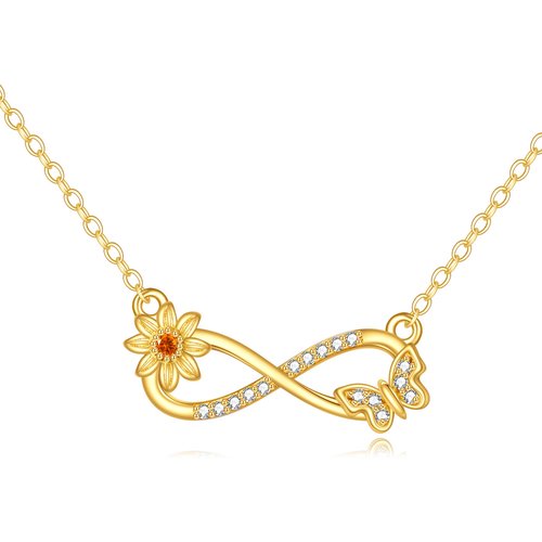 14K Gold Cubic Zirconia Butterfly Sunflower Infinity Symbol Pendant Necklace
