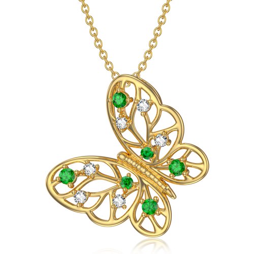 14K Gold Cubic Zirconia Butterfly & Tree Of Life Pendant Necklace