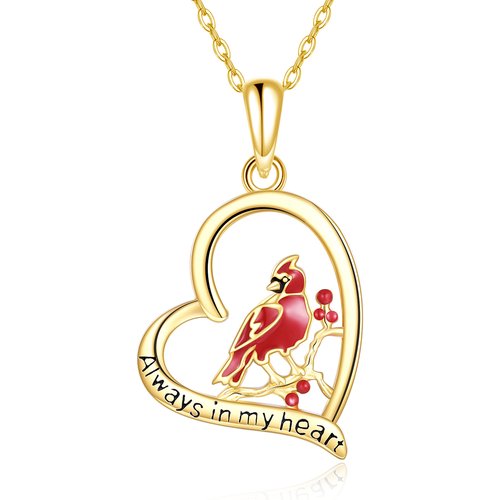 14K Gold Cardinal & Heart Pendant Necklace with Engraved Word