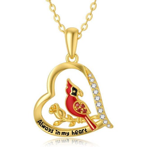 14K Gold Cubic Zirconia Cardinal Rose Heart Pendant Necklace With Engraved Word For Woemn