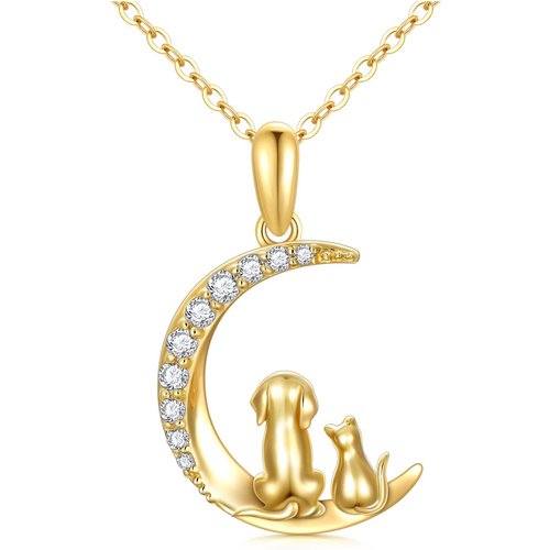 14K Gold Cubic Zirconia Cat Dog And Moon Pendant Necklace For Women