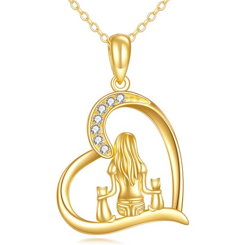 14K Gold Cubic Zirconia Two Cat & Girl Heart Pendant Necklace