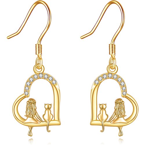 14K Gold Cubic Zirconia Cat & Heart Drop Earrings