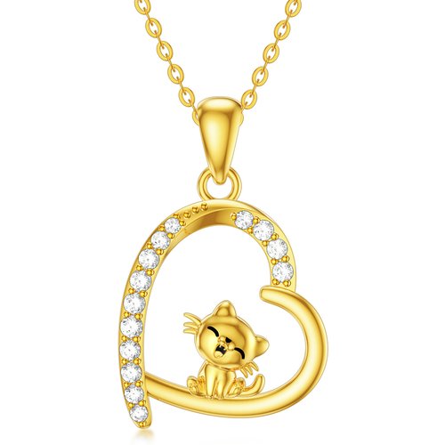 14K Gold Cubic Zirconia Cat & Heart Necklace for Women