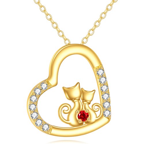 14K Gold Cubic Zirconia Two Cat & Heart Pendant Necklace