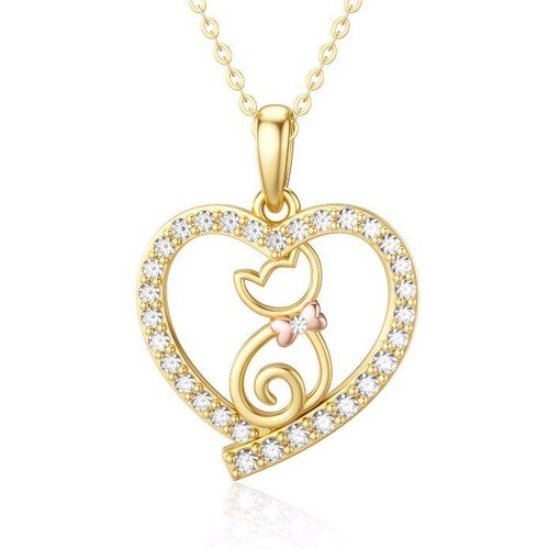 14K Gold Cat & Heart Pendant Necklace