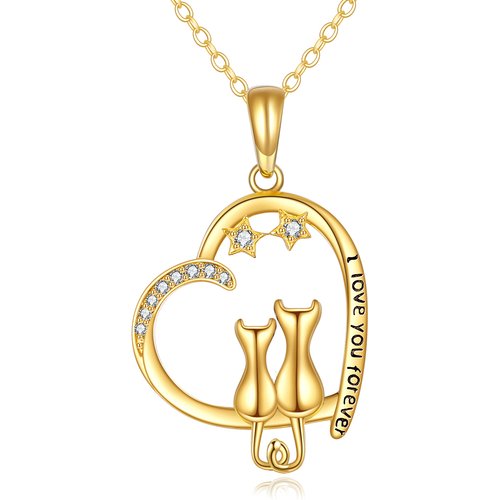 14K Gold Cubic Zirconia Cat & Heart & Star Pendant Necklace with Engraved Word