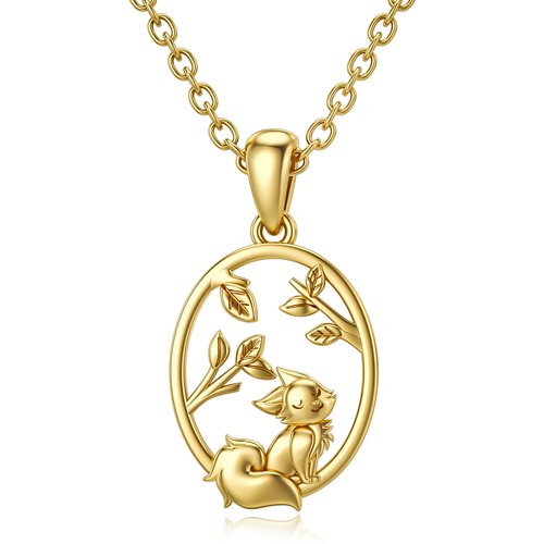 14K Gold Cat & Leaves Pendant Necklace