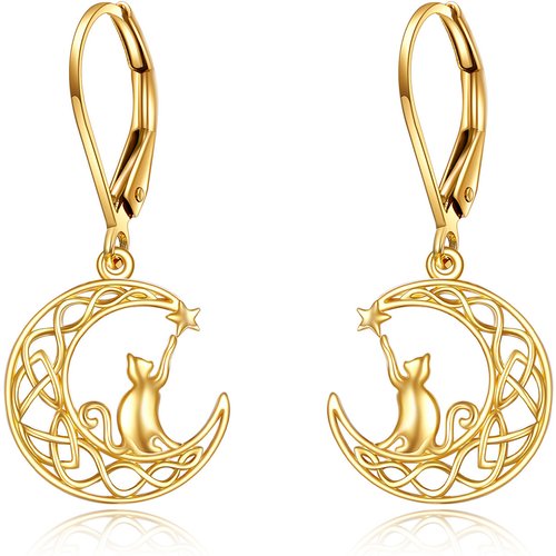14K Gold Cat & Moon Drop Earrings
