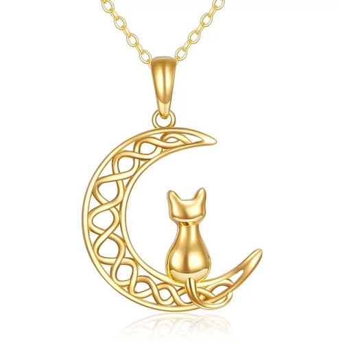 14K Gold Cat & Moon Pendant Necklace