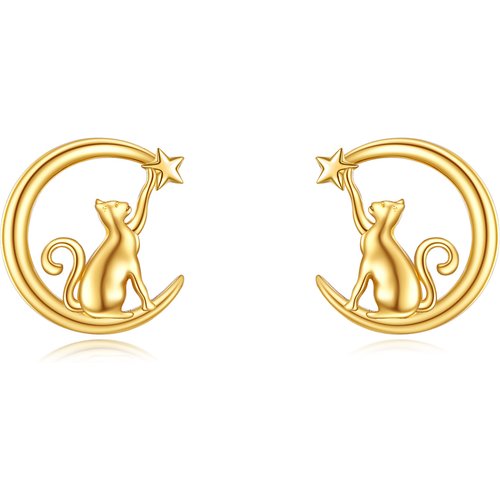 14K Gold Cat & Moon & Star Stud Earrings