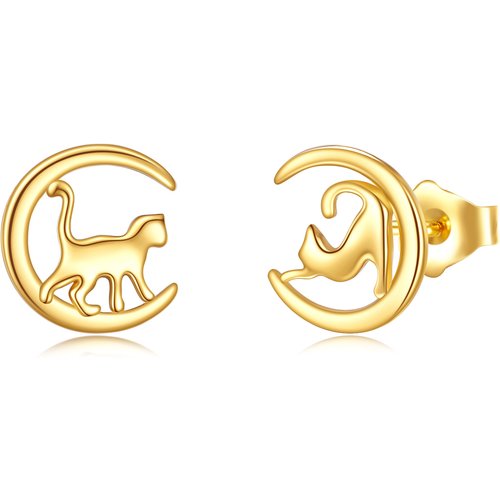 14K Gold Cat & Moon Stud Earrings