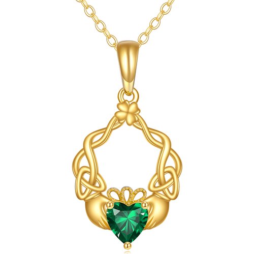 14K Gold Cubic Zirconia Celtic Knot & Claddagh Pendant Necklace