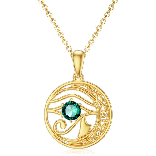 14K Gold Cubic Zirconia Celtic Knot & Eye Of Horus & Moon Pendant Necklace