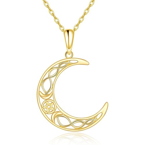 14K Gold Celtic Knot Moon & Pentagram Pendant Necklace